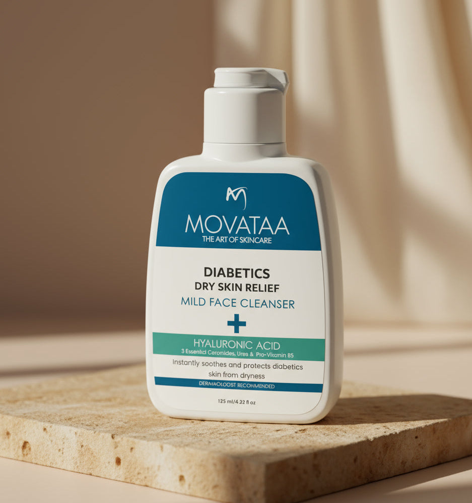 Movataa Diabetics Dry Skin Relief Mild Face Cleanser bottle on a wooden surface with a neutral background